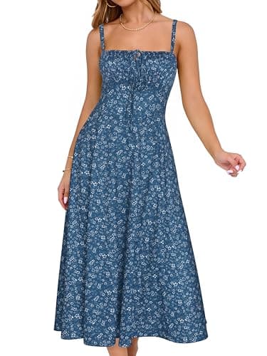 YATHON Midi Floral Corset Maxi Dresses for Women 2025 Casual Summer Tie at Bust Midi Sun Dress(YT552-Blue White F 05,S) - Image 1