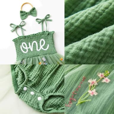 DLLYING 1st First Birthday Outfit Girl Baby Summer Sleeveless Smocked Fairy Berry Sweet 1 One Year Old Onesie Bodysuit Romper Tulle Dress + Headband Cake Smash Photo Shoot Clothes Green 1 Year - Image 6