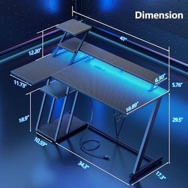 47 Inch Gaming Desk with LED Lights & Power Outlet, L Shaped Computer Desk with Storage Shelves, Gamer Workstations with Monitor Stand for Bedroom, Carbon Fiber Black - Image 2