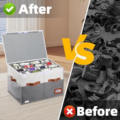 Supowin Shoe Organizer for Closet, Foldable Shoe Storage Bins with Lid & Adjustable Dividers, Fabric Shoe Box Storage Containers with Four Reinforced Handles, Fits 16 Pairs, 1 Pack, Grey - Image 5