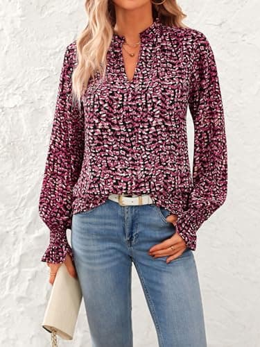 MASCOMODA Womens V Neck Floral Long Sleeve Tops 2025 Summer Casual Loose Puff Sleeve Chiffon Boho Work Blouse Dressy T Shirts(Floral Black Red,X-Large) - Image 4