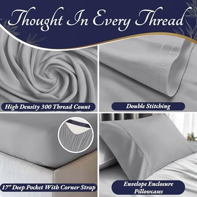 DECOLURE 100% Viscose Derived from Bamboo Sheets Queen Size 4pcs - Ultra Soft & Luxuriously Cooling, 17" Deep Pocket, Double Stitching, Perfect for Hot Sleepers - Queen Bed Sheets (Midgrey) - Image 3