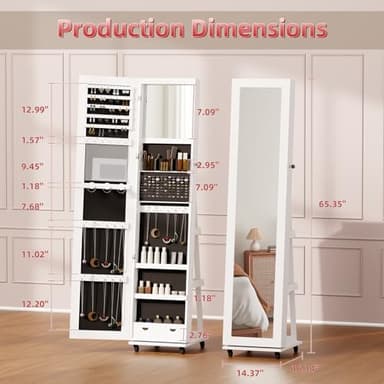 BTDWI 65’’ Jewelry Mirror Cabinet with Wheels, 360° Swivel Jewelry Armoire Floor Standing with Interior Led Mirror & Rear Storage Shelves, White - Image 2