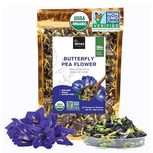 INCAS 100% USDA Organic Butterfly Pea Flower 4.41 oz (375+ Cups) DIRECT FROM SOURCE Thailand Non GMO Verified Dried Caffeine Free Gluten Free Vegan Rich in Antioxidants Free eBook - Image 1