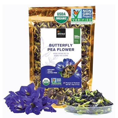 INCAS 100% USDA Organic Butterfly Pea Flower 4.41 oz (375+ Cups) DIRECT FROM SOURCE Thailand Non GMO Verified Dried Caffeine Free Gluten Free Vegan Rich in Antioxidants Free eBook - Image 1