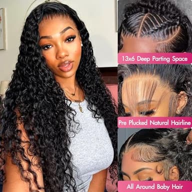 Jilho 30 Inch Water Wave Lace Front Wigs Human Hair 13x6 HD Lace Frontal Wigs Pre Plucked Glueless Brazilian Curly Human Hair Wig 200 Density Glueless Frontal Wigs for Women - Image 4