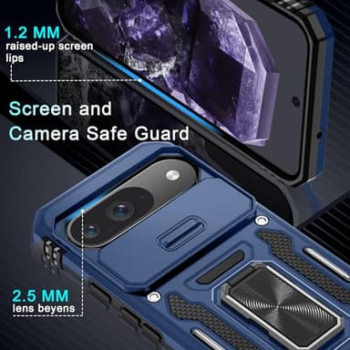 DEERLAMN Case for Google Pixel 9/9 Pro with Slide Camera Cover+Screen Protector(1 Pack), Rotated Ring Kickstand Military Grade Shockproof Protective Cover-Navy Blue - Image 5