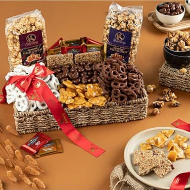 KREMERY Creamy Chocolate Cravings - Thanksgiving Chocolate Covered Pretzels & Caramel Popcorn Gift Basket, in Seagrass Tray + Ribbon (Deluxe, 3.5 lbs) Holiday Xmas Christmas - Image 3