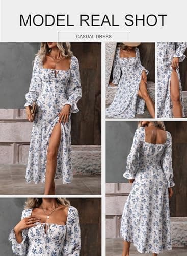 BLENCOT Womens Casual Square Neck Long Sleeve Boho Floral Midi Dress Print Side Split Dresses White XL - Image 2
