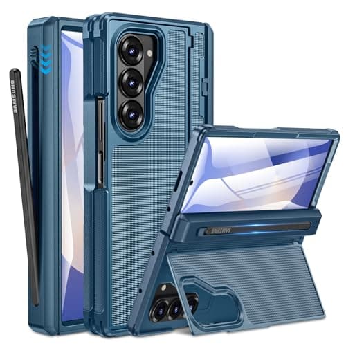 Caka for Samsung Galaxy Z Fold 6 Case [Thinner S Pen Holder] [Hidden Kickstand] [Hinge Protection] [Screen Protector] Full Body Hard Shockproof Phone Cover with Anti-Slip Textured for Fold6 - Blue - Image 1