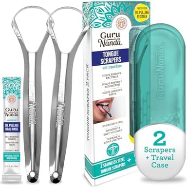 GuruNanda Tongue Scraper for Adults (2 Pack) with Travel Case, 420 Medical-Grade 100% Stainless Steel Tongue Cleaner, Aids in Fresh Breath & Oral Care - Image 1