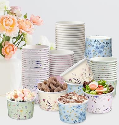 Nihuecne 100 Pcs 9 oz Floral Themed Disposable Dessert Paper Bowls in 5 Designs, Disposable Soup Bowls for Events, Game Day, Birthday Party Supplies, Perfect for Hot or Cold Food - Image 6