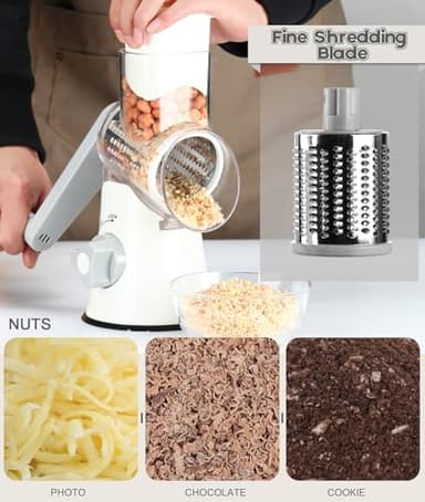 Ourokhome Rotary Cheese Grater Hand Crank, Kitchen Shredder Speed Mandolin Slicer Nuts Grinder with Handle and Drum Blades for Cheese, Vegetable, Walnuts, Chocolate, Potato, Carrot, 3 Blades, White - Image 5