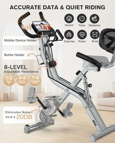 Pooboo Folding Exercise Bike, Foldable Fitness Stationary Bike, Upright Indoor Cycling Bike, 4-in-1 Magnetic X-Bike with Ergonomic Handrail Grips, Upgraded Mesh Backrest for Home Gym Workout - Image 6