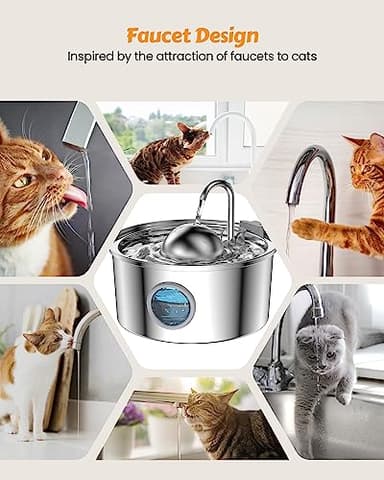 AONBOY Cat Water Fountain Stainless Steel, 108oz/3.2L Cat Fountain, Pet Water Fountain with Water Level Window, Hemispherical Shape, Multi-Filter, Silent Pump, Water Tap, Provides Flowing Water - Image 9