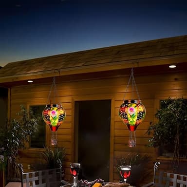 2 Pcs Hummingbird Solar Hot Air Balloon Lantern with Flame, Hot Air Balloon Decorations for Yard Porch Decor, Glass Large Hanging Outdoor Decor, Solar Lantern Waterproof, Hummingbird Gardening Gifts - Image 4