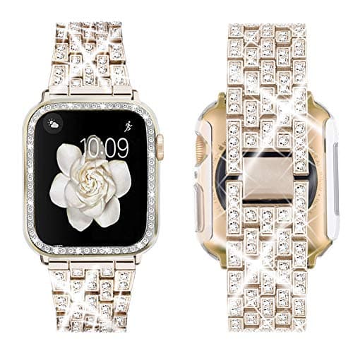 SUPOIX Compatible with Apple Watch Band 45mm + Case, Women Jewelry Bling Diamond Replacement Metal Strap & Soft TPU Bumper Protective Case for iWatch Series 7/8/9(Champagne) - Image 1