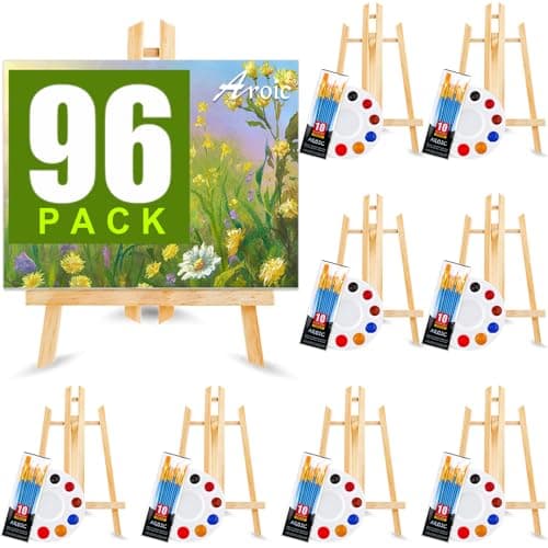 AROIC 96 PCS Painting Supplies Set with Easels, 8 PCS Wood Easels, 8 Packs of 80 Brushes with Nylon Brush Head and 8 PCS Palettes, Tabletop Wooden Art Easel for Kids & Adults Sip and Paint Party - Image 1