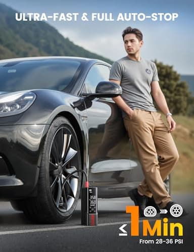 Tire Inflator Portable Air Compressor - Lamicall [150 PSI] [4X Faster] [Auto-Stop] Bike Car Cordless Air Pump with Rechargeable Battery, Car Pressure Gauge, LED Light, for Cars, Motorcycle, Bike, Ball - Image 2