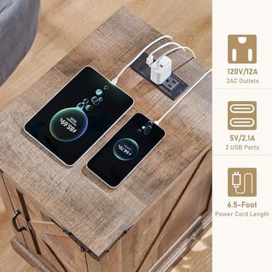 JXQTLINGMU Nightstand with Charging Station, Rectangular Farmhouse End Table with Barn Door and Adjustable Storage Shelf, 17" Deep Wood Rustic Sofa Side Table for Living Room, Bedroom, Light Brown - Image 5