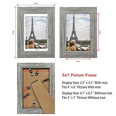 Hongkee 5x7 Picture Frame Set of 4, Made of Real Glass and Grey Wooden Frame, 5 by 7 Photo for Wall or Tabletop - Display Picture 4x6 with Mat or 5x7 Without Mat - Image 2