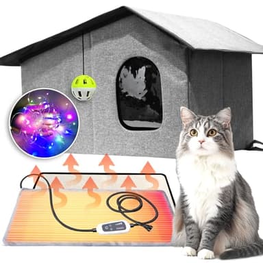 Heated Cat House for Outside-Waterproof & Windproof Outdoor Cat Shelter with Removable Heating Pad & LED Lights for All Seasons (Gray, 12"x24") - Image 1