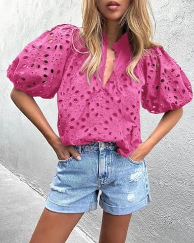 PRETTYGARDEN Women's Summer Tops 2025 Dressy Casual Short Sleeve V Neck Buttons Hollow Out Lace Embroidered Blouses Shirts (Rose Pink,Small) - Image 8