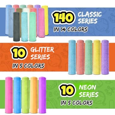 160 PCS Sidewalk Chalk for Kids - 14 Colors, 10 Glitter, 10 Neon Non-Toxic Washable Jumbo Chalks - Bulk Set of Outdoor Paint for Kids and Toddlers - Chalkboard Toys - Big Bucket Chalk for Party - Image 2