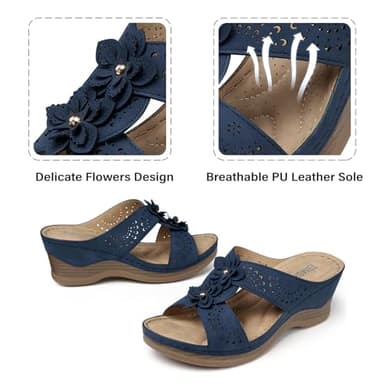 TEMOFON Womens Wedge Sandals Leather: Low Heels Platform Women Summer Wedge Sandals Navy Dressy Slip on Casual Comfortable Walking Size 10 - Image 4