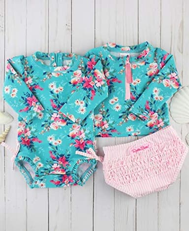 RuffleButts® Baby/Toddler Girls Fancy Me Floral Long Sleeve Rash Guard Bikini - 6-12m - Image 2