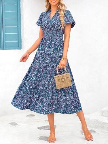 MASCOMODA Summer Maxi Dresses for Women 2025 Casual V Neck Puff Short Sleeve Smocked Flowy Beach Boho Long Floral Dress(Floral Purple Green,Medium) - Image 3