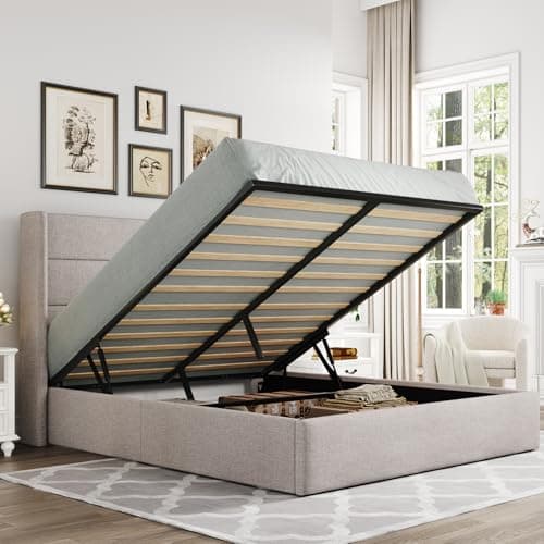 Allewie Queen Size Lift Up Storage Bed, Modern Wingback Headboard, Hydraulic Support, No Box Spring Needed, Light Beige - Image 1