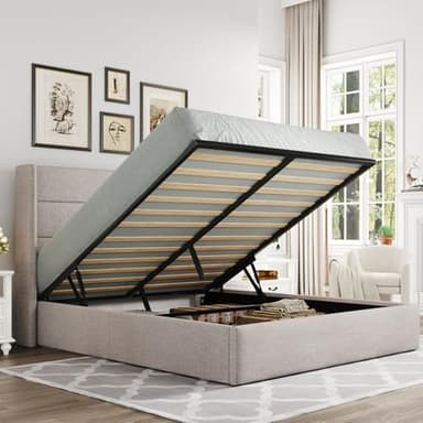 Allewie Queen Size Lift Up Storage Bed, Modern Wingback Headboard, Hydraulic Support, No Box Spring Needed, Light Beige - Image 1