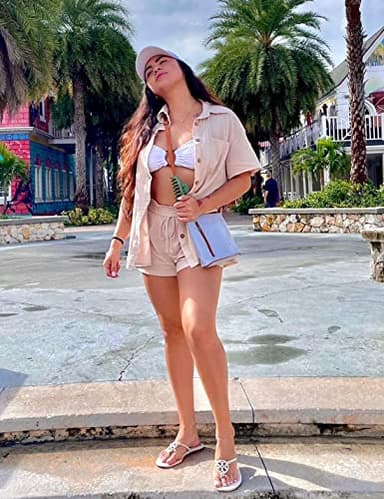 APAFES Women Summer Cotton Linen Short Sets 2 Piece Shorts Top Lounge Beach Vacation Two Piece Outfits Tracksuits(762-Apricot-M) - Image 2