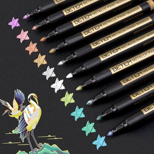 Betem Metallic Paint Markers, 10 Colors Acrylic Paint Markers for Black Paper, 2mm Medium Tips Metallic Glitter Pens for Scrapbooking, Rock Painting, Greeting Cards, Photo Albums, DIY Art Crafts - Image 1