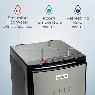 Igloo Bottom Loading Water Cooler – Hot, Cold, & Room Temperature Dispenser – Stainless Steel, Holds 3 & 5 Gallon Jugs, Child Safety Lock – for Homes, Kitchens, Offices, Dorms - Image 3