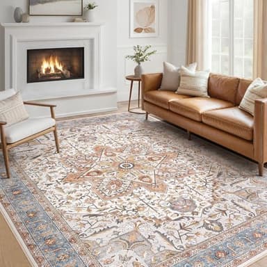 Tortania Area Rug Living Room Rugs - 9x12 Washable Boho Rug Vintage Oriental Distressed Farmhouse Large Thin Indoor Carpet for Living Room Bedroom Under Dining Table Home Office - Azure Orange - Image 8