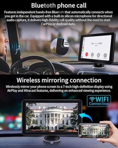 Portable Apple Carplay Screen for Car, 7" HD Car Stereo Touchscreen with Wireless CarPlay & Android Auto, Mirror Link, Bluetooth, Voice Control, Memory Card Playback, AUX - Fits All Vehicles - Image 6
