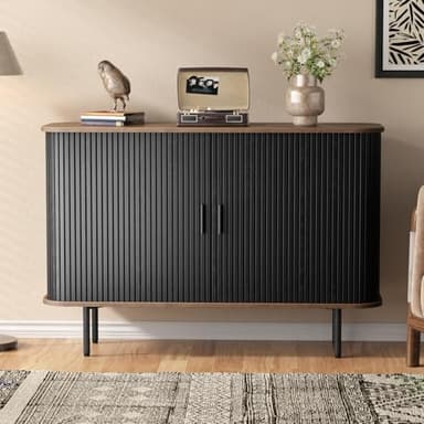 47''W x 32''H Storage Cabinet, Fluted Sideboard Buffet Cabinet with Storage, Console Table Credenza with Tambour Slatted Sliding Doors and Shelves for Living Room, Kitchen, Black - Image 3