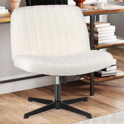 Sweetcrispy Criss Cross Chair Legged, Armless Office Swivel Desk Chair No Wheels, Vanity Height Adjustable Wide Seat Computer Task Seating - Teddy Cream - Image 1