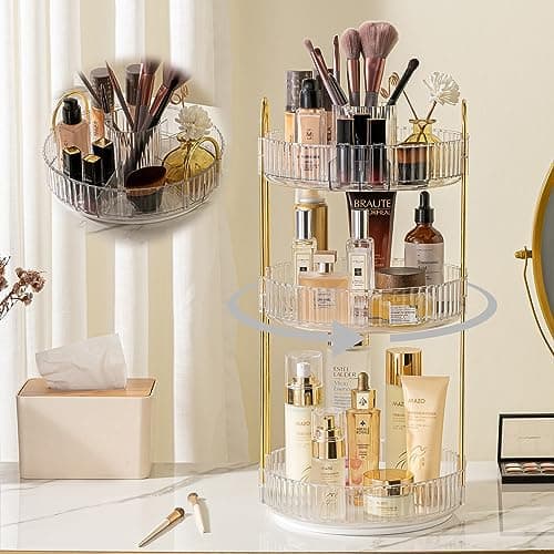 shuang qing Rotating Makeup Organizer for Vanity, High-Capacity Skincare Clear Make Up Storage Perfume Organizers Cosmetic Dresser Organizer Countertop 360 Spinning (Clear, New-3 Tier) - Image 1