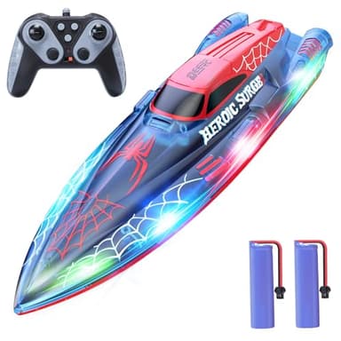 DEERC 13 inch Remote Control Boat for Kids, 2.4Ghz RC Spider Boat with LED Lights for Pools and Lakes, Summer Water Toy Gift for Boys 8-12, 2 Batteries - Image 1