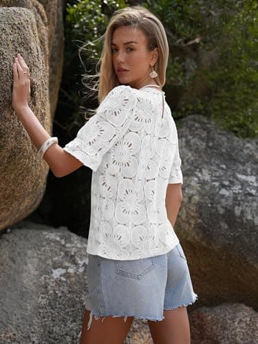 LUXVEER Women's Eyelet Tops Puff Short Sleeve Blouses Dressy Casual 2025 Summer Cute Hollow Out Crochet Lace Embroidered Boho Shirts White XL - Image 5