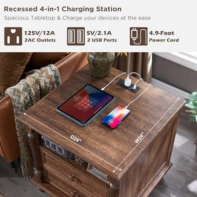 T4TREAM 24'' Farmhouse End Table w/4 Solid Wood Feet, Large 2 Drawers Wide Sofa Side Table with Charging Station, Tall Rustic Wood Square Nightstand for Living Room, Bedroom, Office,Reclaimed Barnwood - Image 3