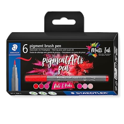 STAEDTLER Pigment Arts Brush Pen, Reds & Pinks, Pack of 6 Pens, 371 C6-1 Grey - Image 1