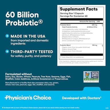 Physician's CHOICE Probiotics 60 Billion CFU - 10 Strains + Organic Prebiotics - Immune, Digestive & Gut Health - Supports Occasional Constipation, Diarrhea, Gas & Bloating - for Women & Men - 60ct - Image 8