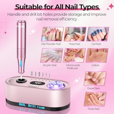 JOSGLOI 40000RPM Electric Nail File Drill Professional Kit, Drill Machine with LCD Display, Manicure Pedicure Polishing Acrylic Gel Nail Grinder for Salon, Home Use - Image 5
