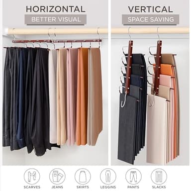 MORALVE Pants Hangers Space Saving - 2 Pack European Beechwood Scarf and Jean Hangers - Closet Organizer and Space Saver Pant Rack, Leggings Hanger, and Scarf Holder with 360° Swivel Hook - Image 4