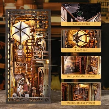 Book Nook Kit, Book Nook Kits for Adults, DIY Miniature Dollhouse Kit 3D Wooden Puzzle Booknook Bookend with LED Light - Image 6