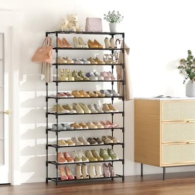 LANTEFUL 10 Tiers Shoe Rack 50 Pairs Large Capacity Tall Shoe Organizer Sturdy Shoe Storage with Two Hooks Space Saving Metal Wide Shoe Rack for Closet, Entryway, Bedroom, Black - Image 2